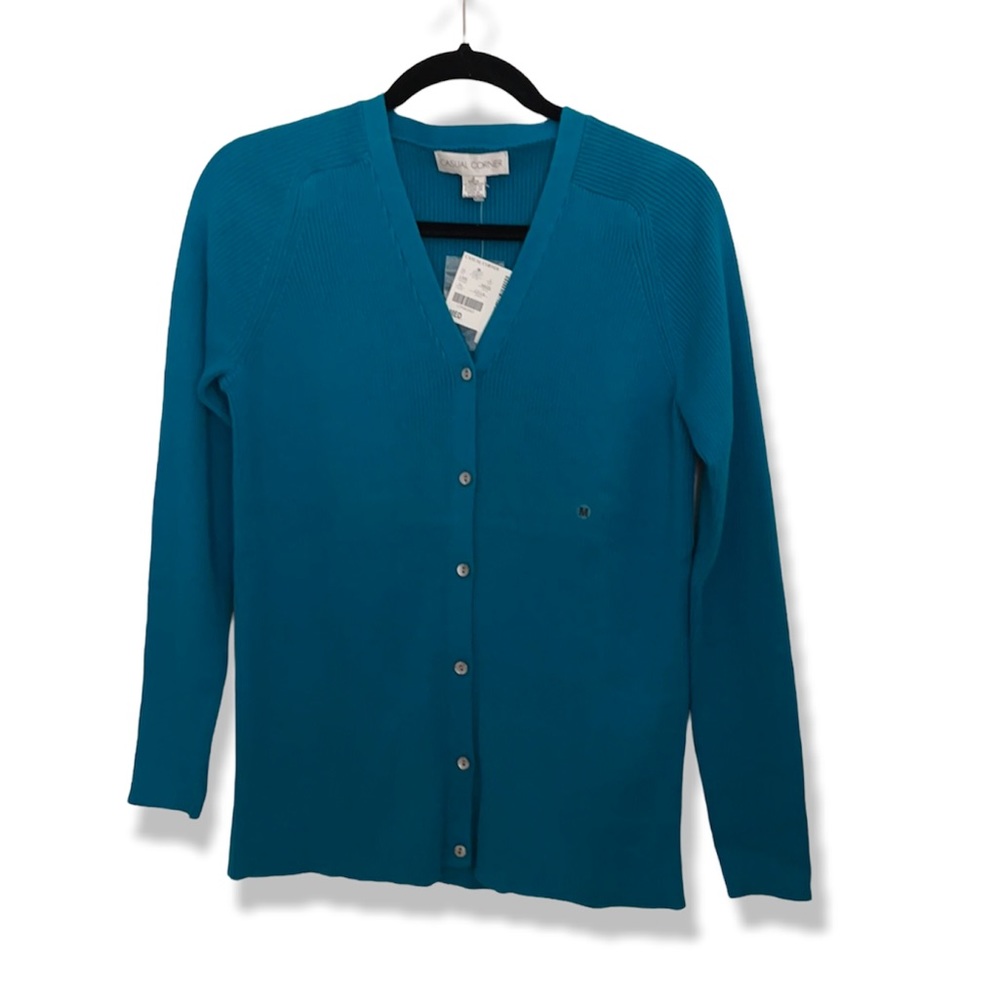 NWT Vintage Casual Corner 100% Cotton Dark Turquoise Blue Cardigan